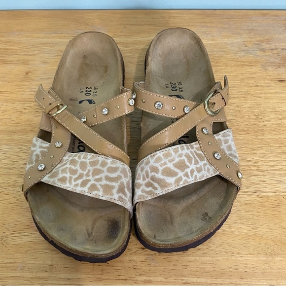 Betula Birkenstock Leather Strap Embellished Animal Cheetah Print Sandal‎ Sz 5 - Picture 1 of 9